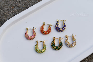 Gold Filled Hoop Earrings, Zircon Emerald Earrings, Huggie Earrings, Colorful Earrings