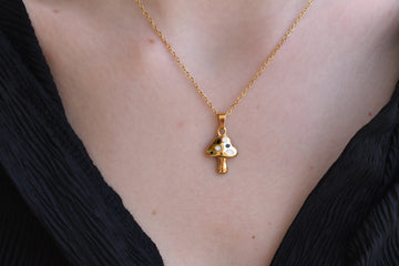 Gold Filled Mushroom Necklace · Mushroom Shaped Black and White Dotted Necklace