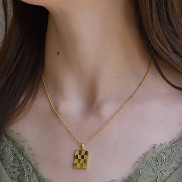 18K Gold Checker Custom Square Pendant Vintage Style Necklace Gold Jewelry Choker Her Necklace