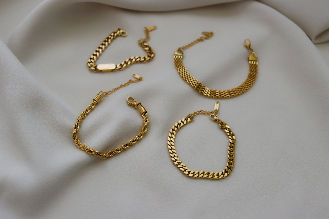 18K Gold Chain Beaded Bracelet, Love Bracelet, Vintage Mesh Choker Link Bracelet, Solid Bracelet Set