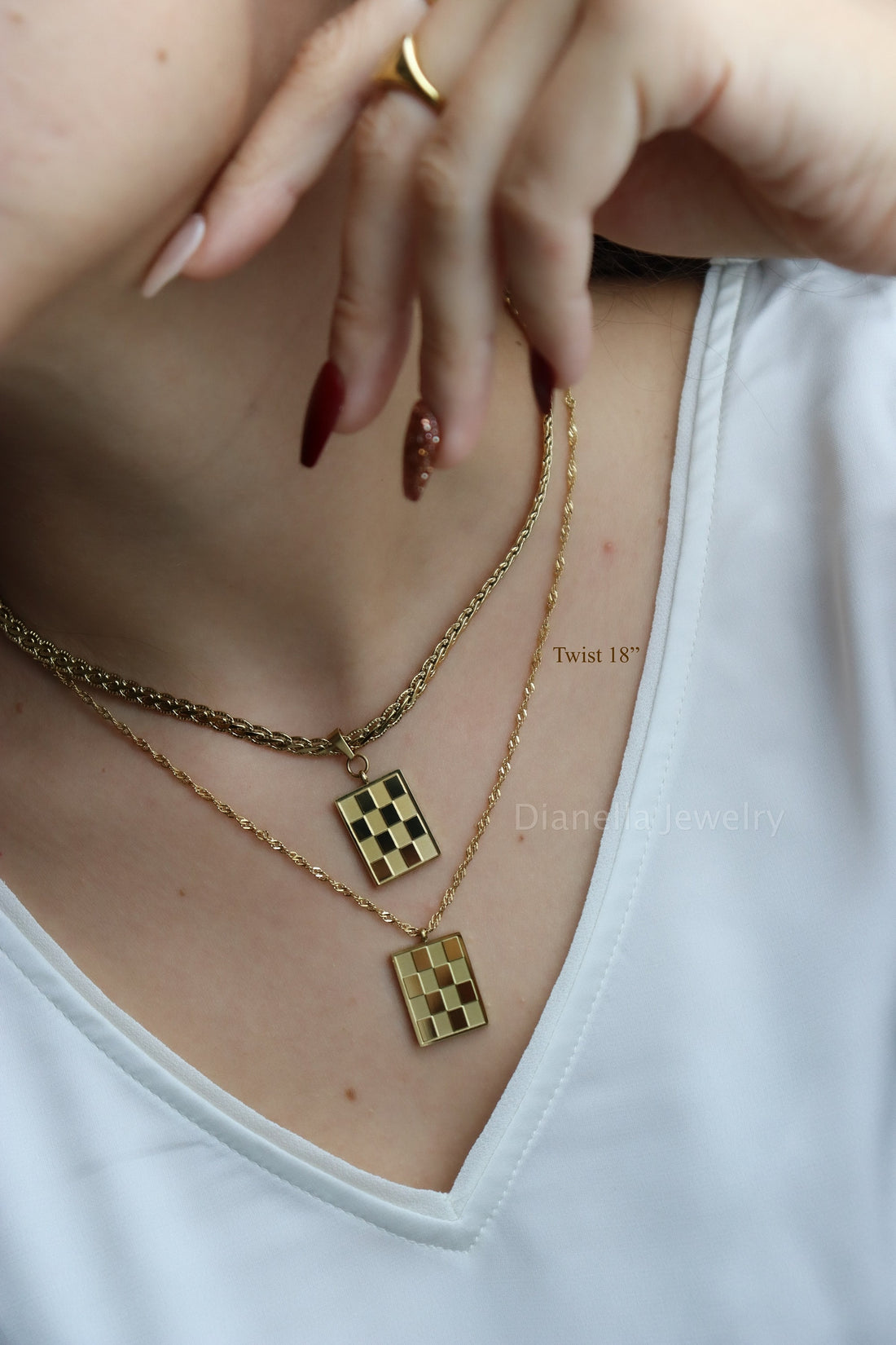 18K Gold Checker Custom Square Pendant Vintage Style Necklace Gold Jewelry Choker Her Necklace