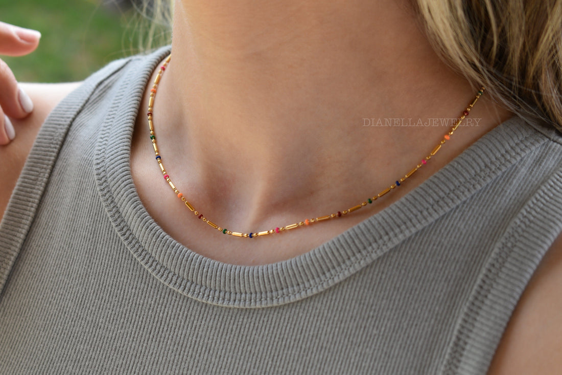 Gold Filled Colorful Necklace, Boho Style Bead Chain, WATERPROOF Jewelry,