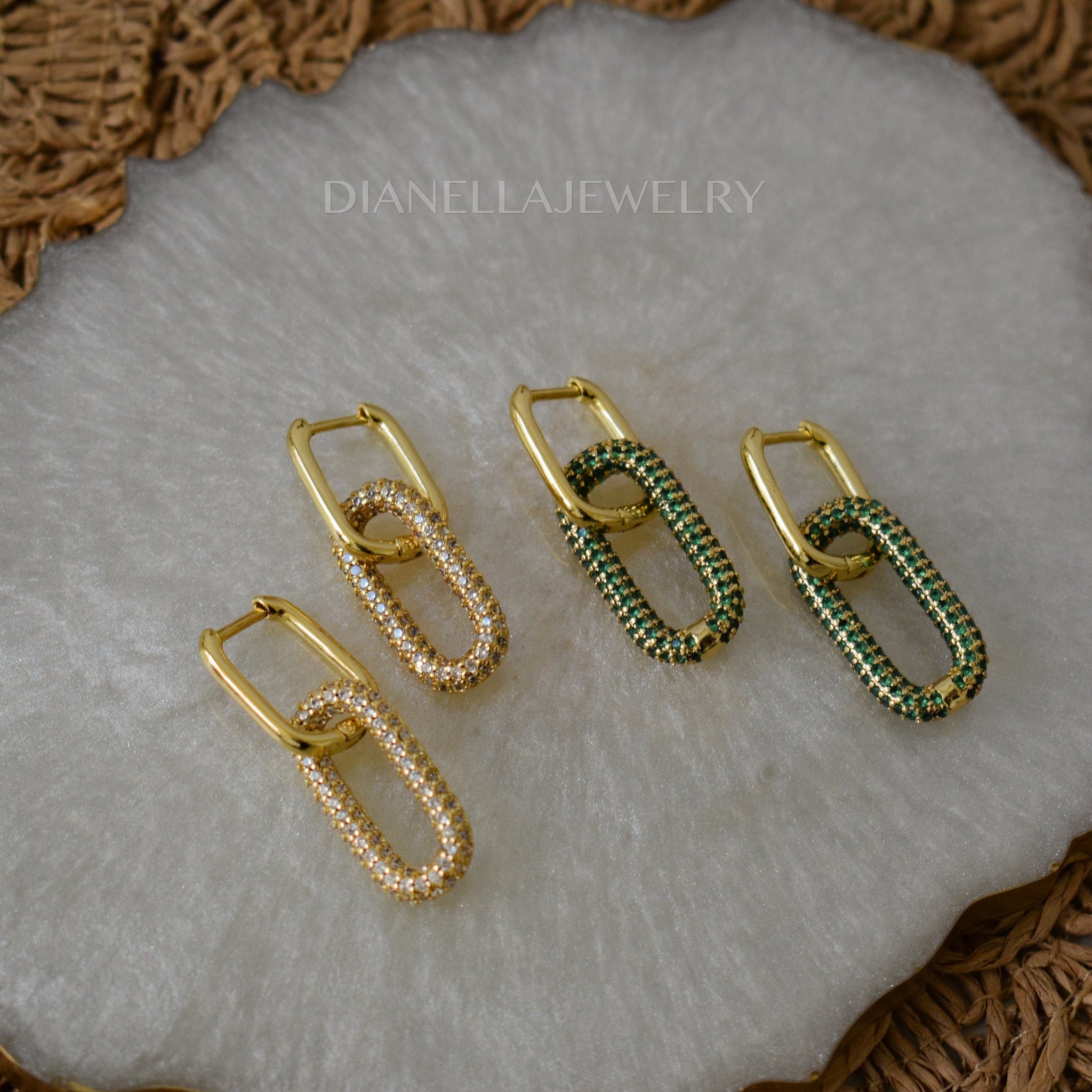 Link Gold Filled Dangle Earrings, Double Hoop, Oval C Shape Jewelry Gift for Her, Mom, Women, Bridesmaid Emerald Crystal Handmade Earrings