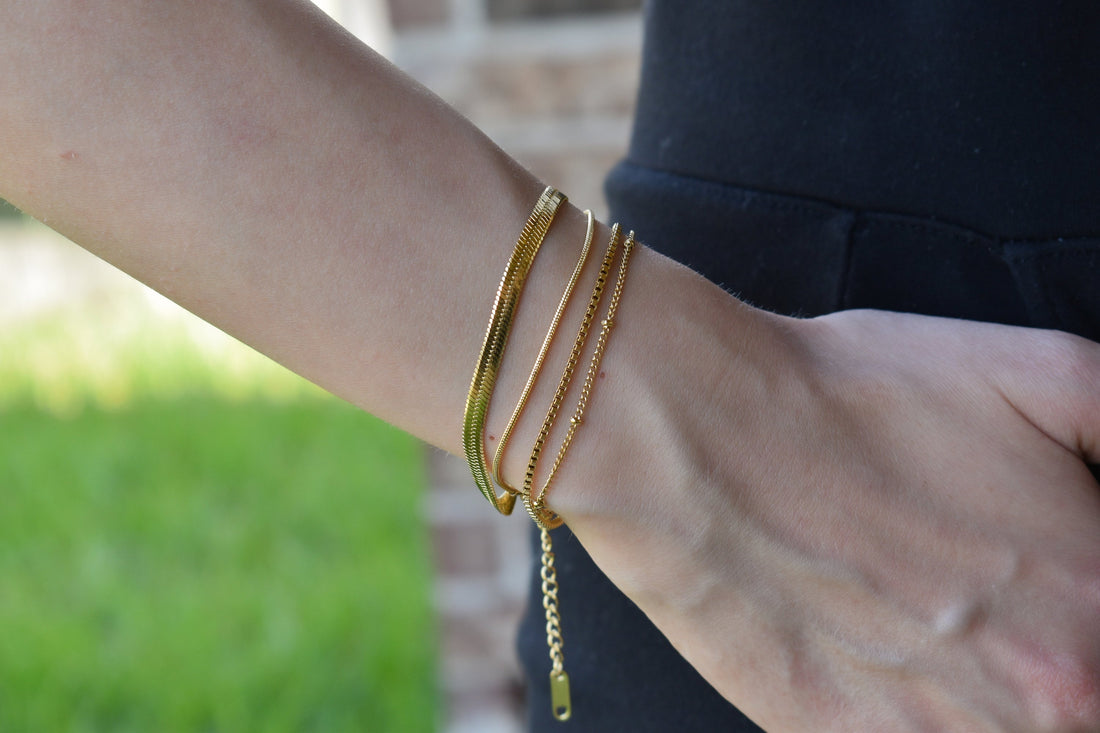 Gold Filled Snake Chain Bracelet, Daily Chain Bracelet, Herringbone, Bead Box Chain WATERPROOF