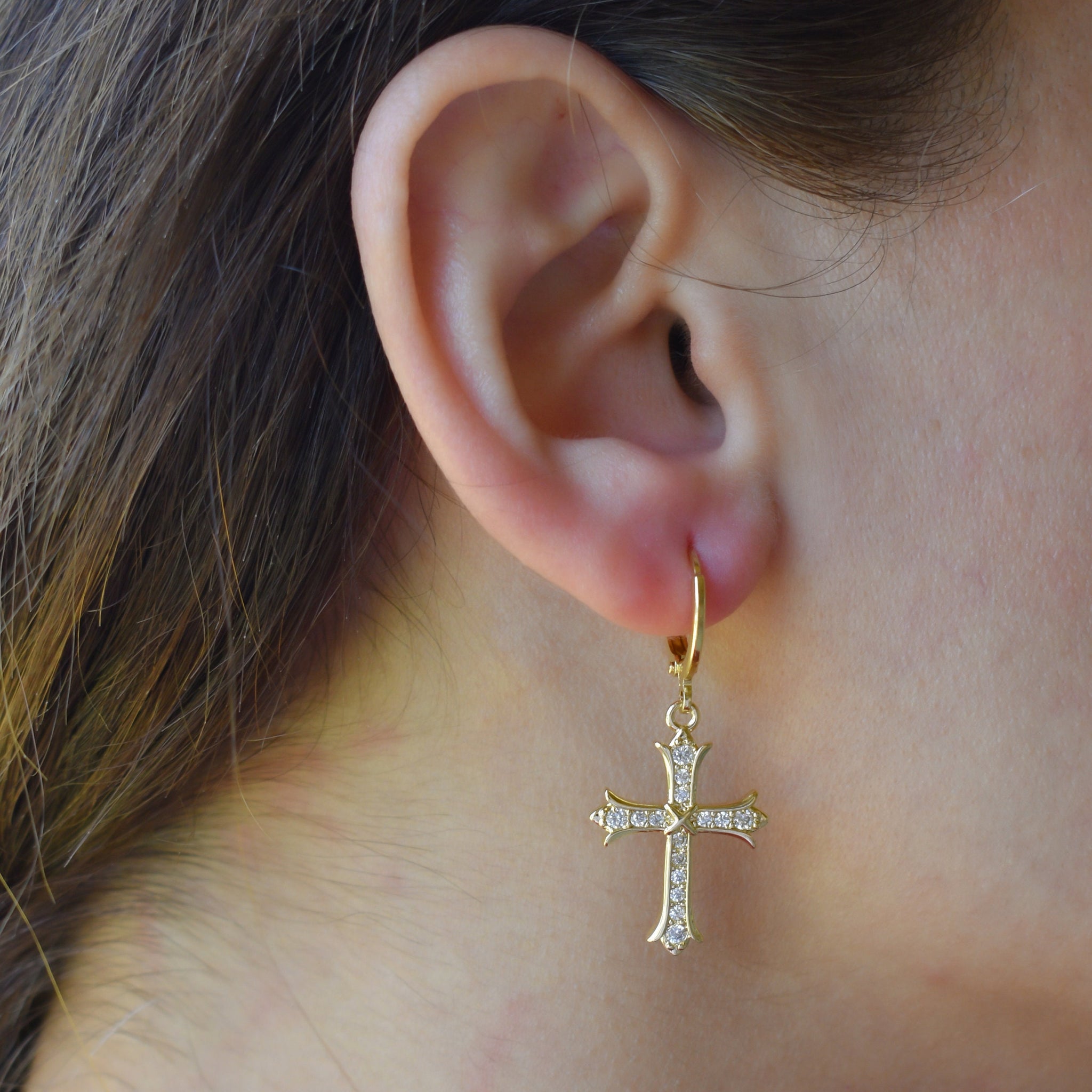 Gold Filled Cross Earrings Dangle Handcrafted Hoop Huggie Christmas Earrings Women Homemade Gift for Her Girlfriend WATERPROOF Jesus Jewelry
