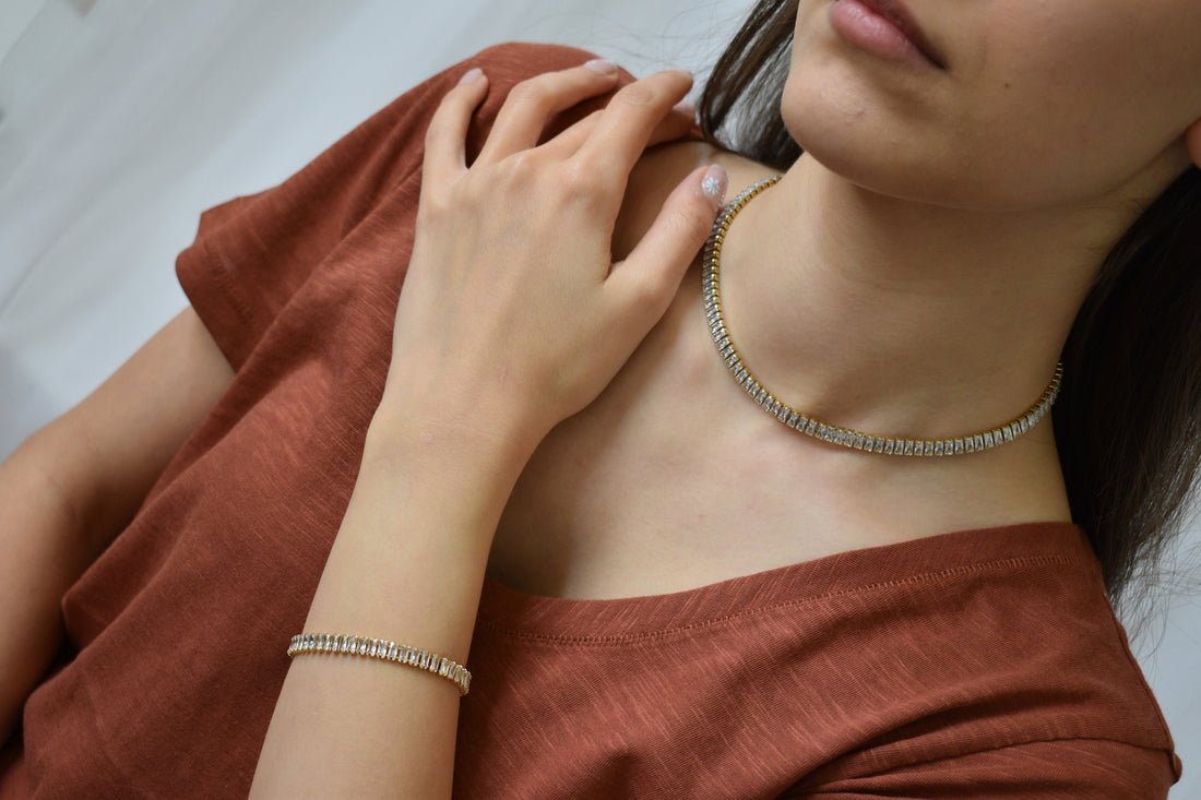 6mm Wide Stainless Steel Tennis Baguette Necklace 18K Gold Square Cubic CZ Zircon Stainless Steel Choker Necklace WATERPROOF Gold Jewelry