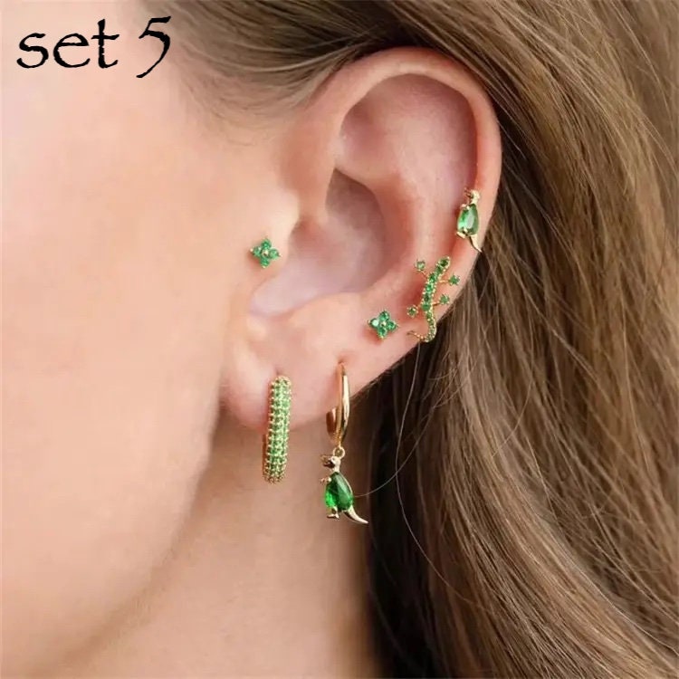 Moon Star Piercing Stud Earring · Cute Animal Lizard Snake Emerald Green Earrings Set