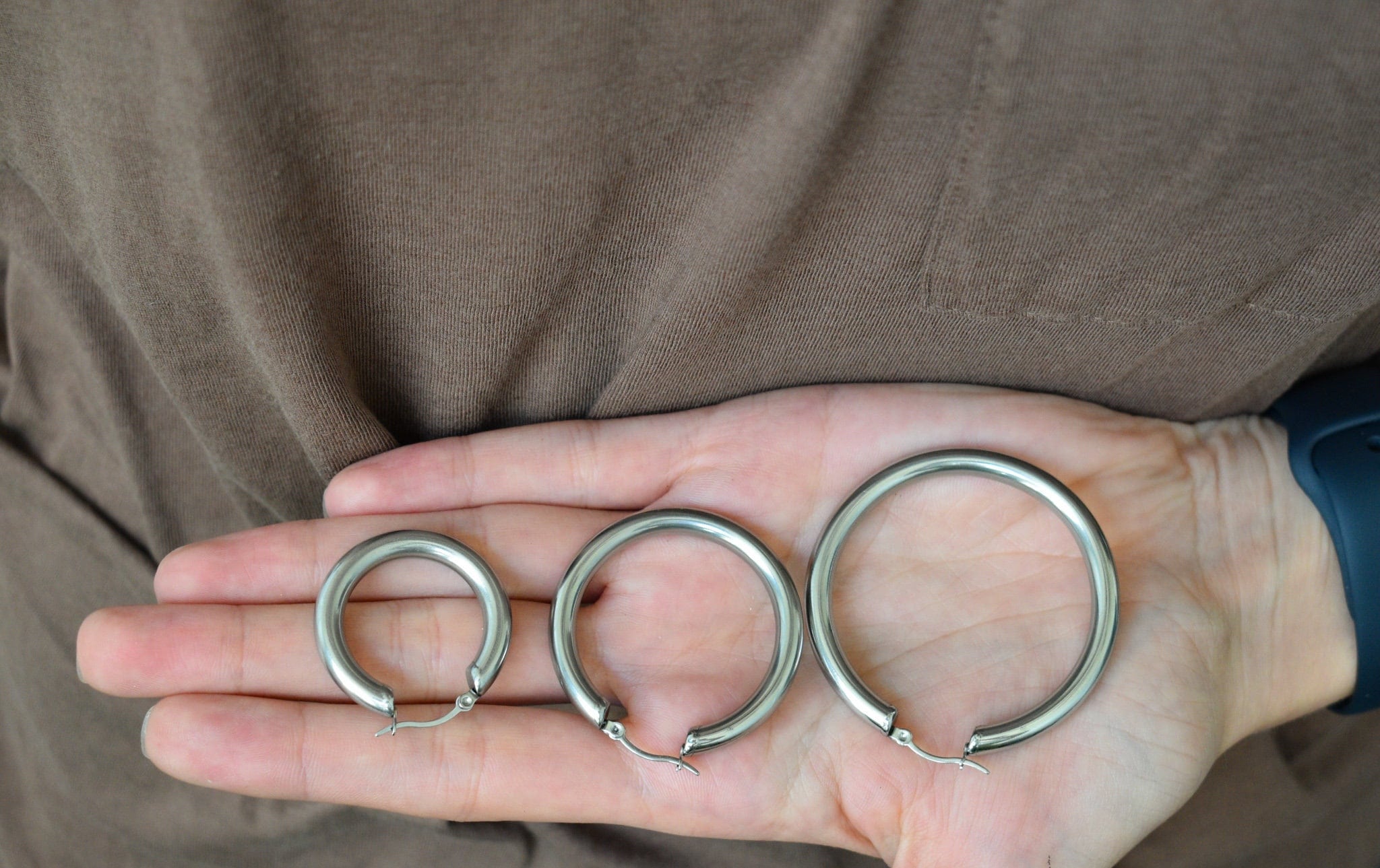 Sterling Silver Gold Steel Circle Hoop Earrings, WATERPROOF Earring