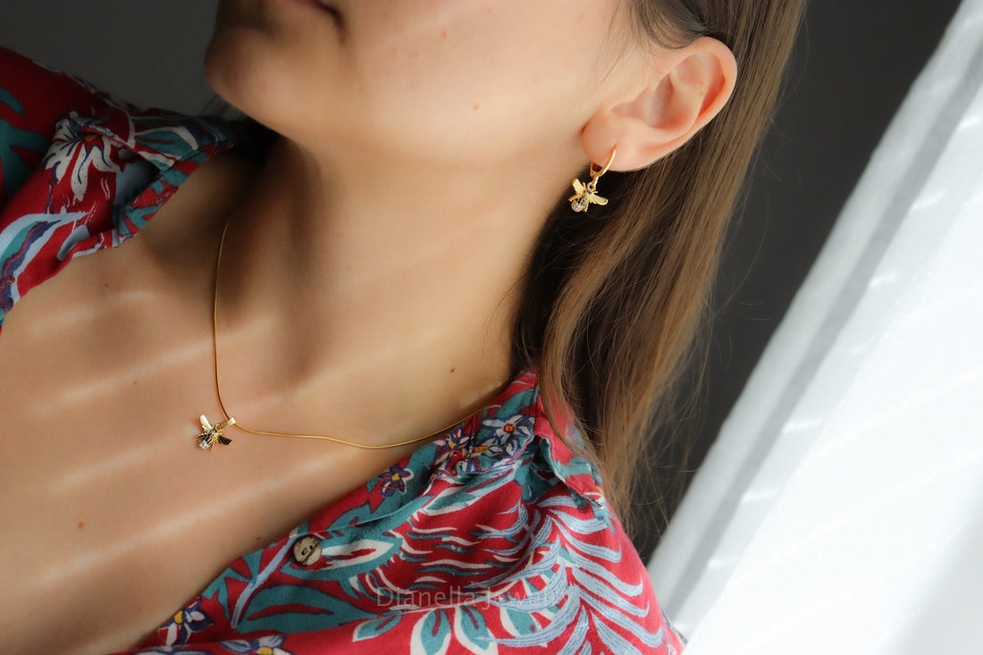 Gold Bee Earrings Bee Necklace Set · Charm RhineStone Fly Insect Jewelry Gift Non Tarnish Gold Minimalist Handmade Gift For Her Women Mom