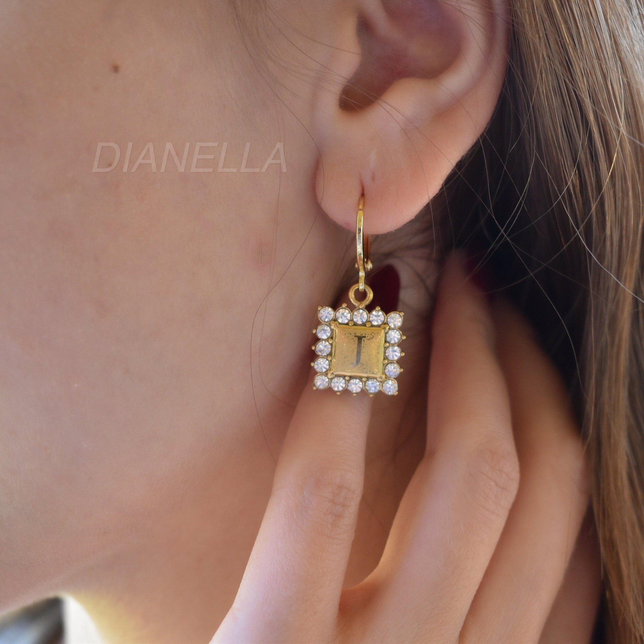 GOLD FILLED Initial Letter Alphabet Earrings, Crystal Stone Square Charm WATERPROOF Hoop Earrings Handmade Elegant Everyday Wear Women Girl