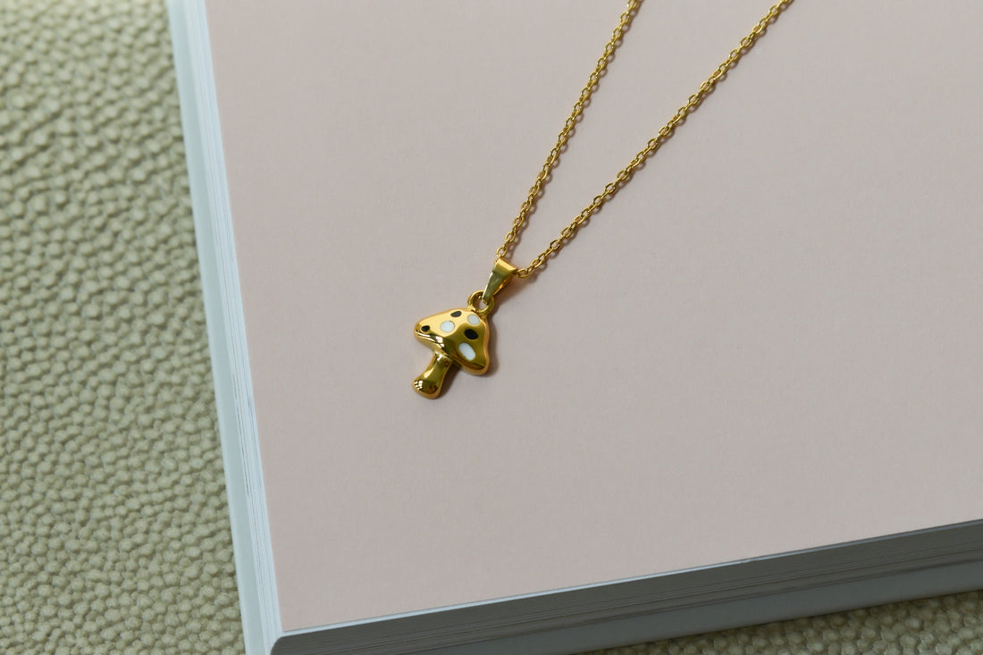 Gold Filled Mushroom Necklace · Mushroom Shaped Black and White Dotted Necklace