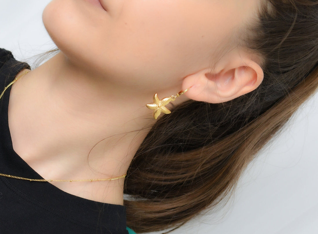 18K Gold Starfish Earrings Pendant WATERPROOF Hoop Tiny Charm Earrings Unique Summer Necklace Gift for Her Mom Vacation Women Girl Sister