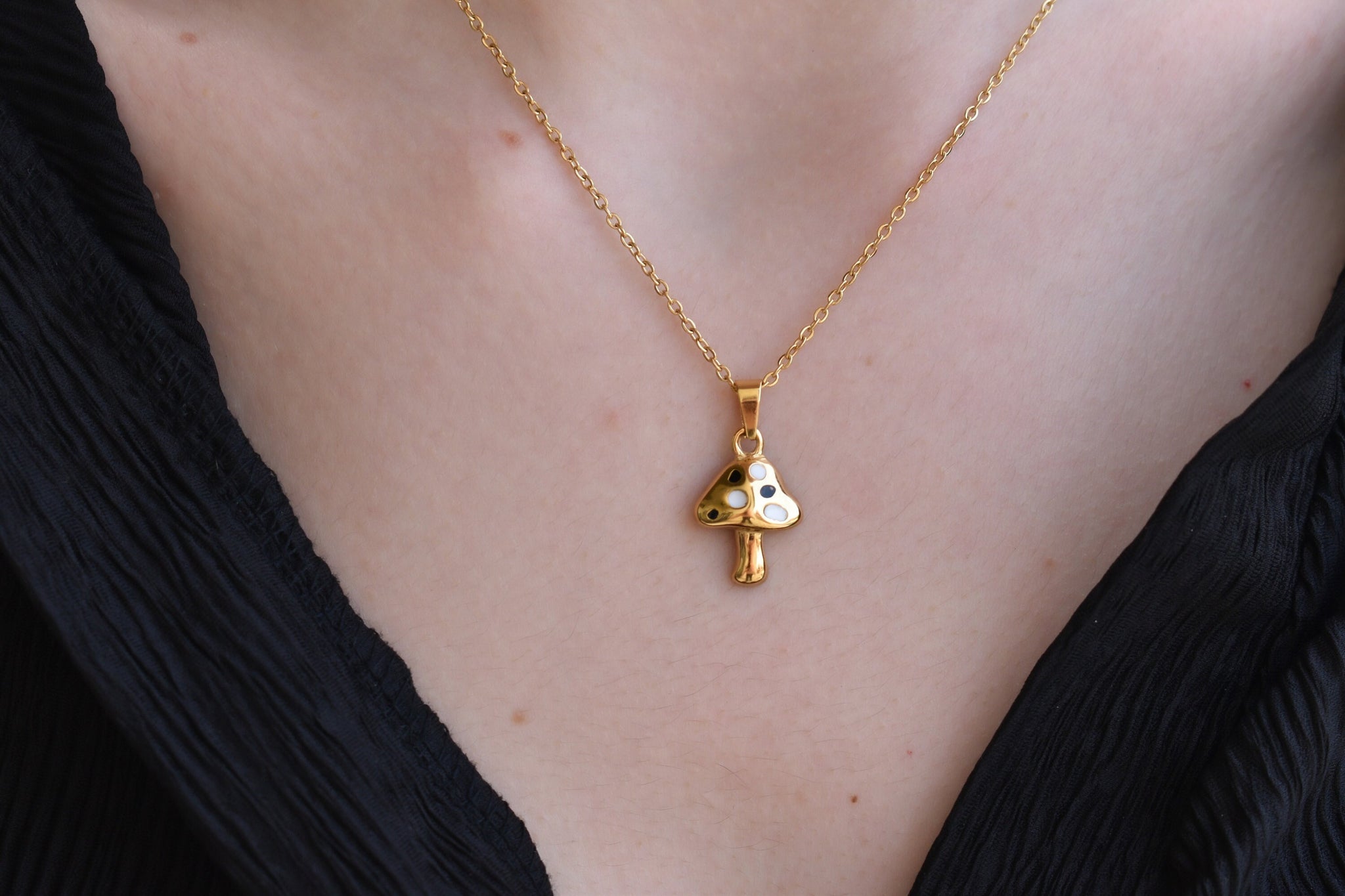 Gold Filled Mushroom Necklace · Mushroom Shaped Black and White Dotted Necklace