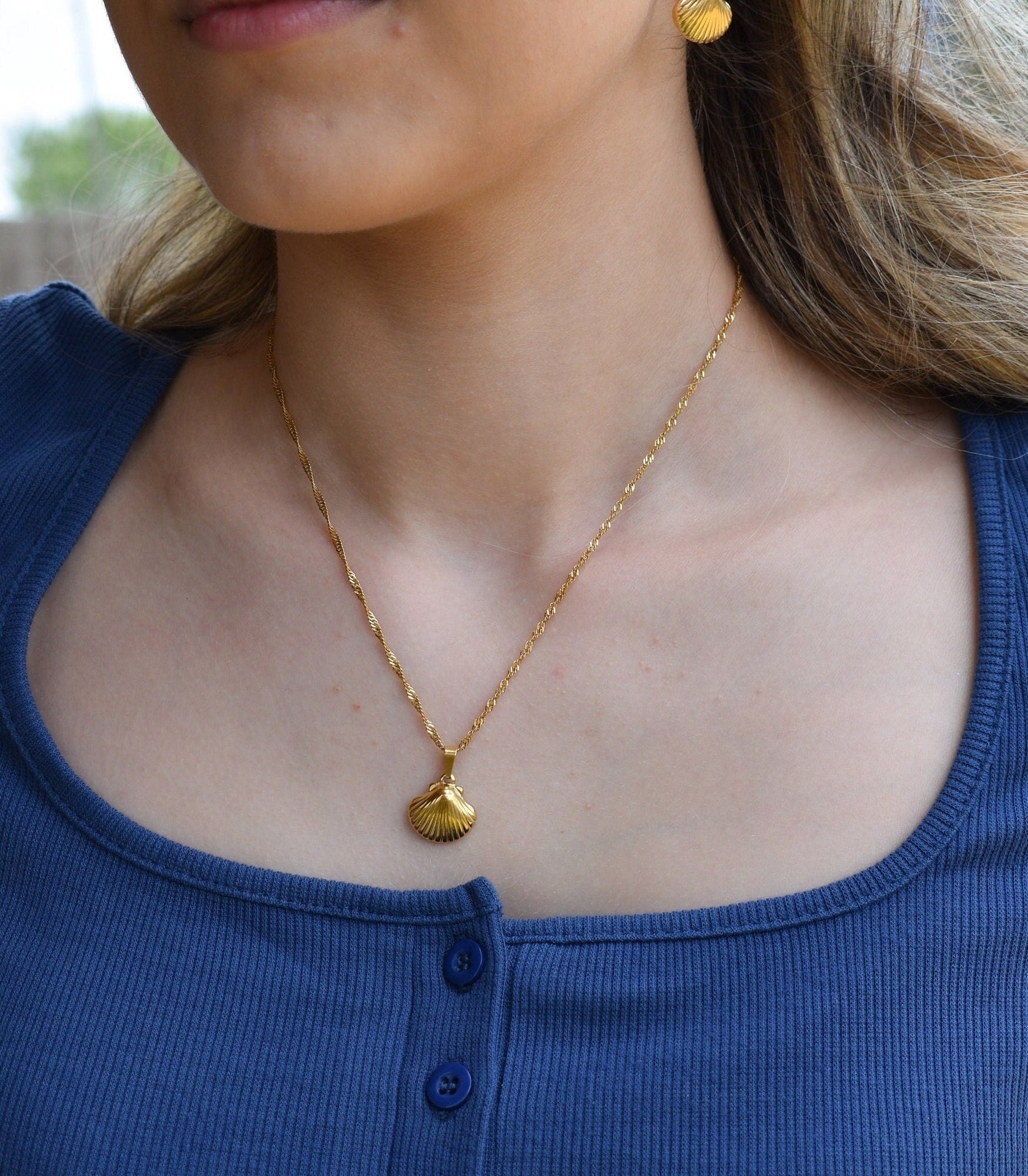 Gold Seashell Jewelry SET Earrings Necklaces Pendant Charm Sea Shell SET, WATERPROOF Summer Pool Vacation Box Jewelry Best Girl Gift for Her
