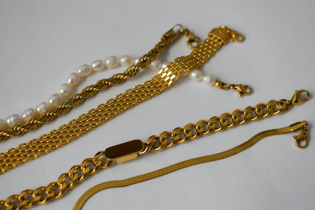 Gold Women Bracelet Pearl Bracelet, Vintage Mesh Bracelet, Set Link Bracelet, Mens Bracelets WATERPROOF Jewelry Gold Filled Chain Bracelet
