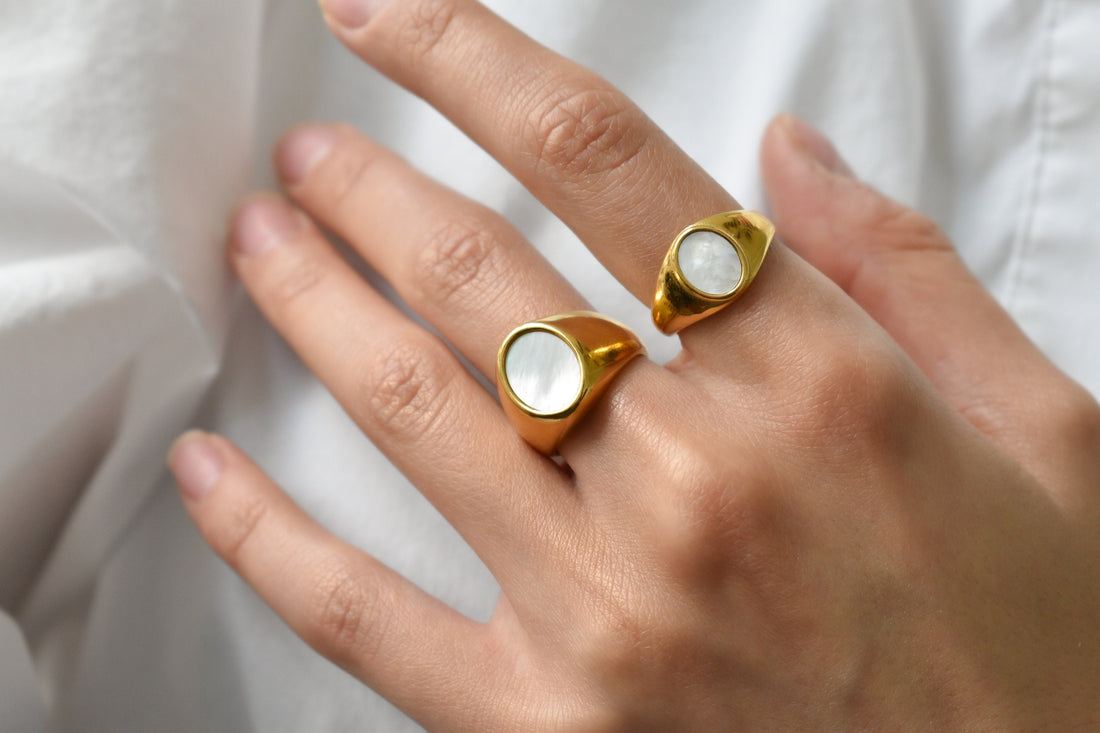 Gold Ring Stainless Steel inspired Oval Natural White Mother of Shell Signet Rings Personalized Name Gift for Her WATERPROOF nonTarnish Ring