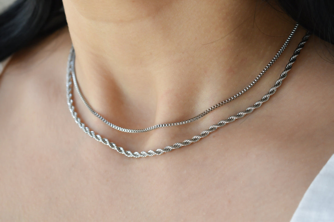 Silver Necklace Layered Set · Sterling Silver Multi Layer Layering Necklace Silver Multi Strand Chain Necklace, Her WATERPROOF Jewelry Gift