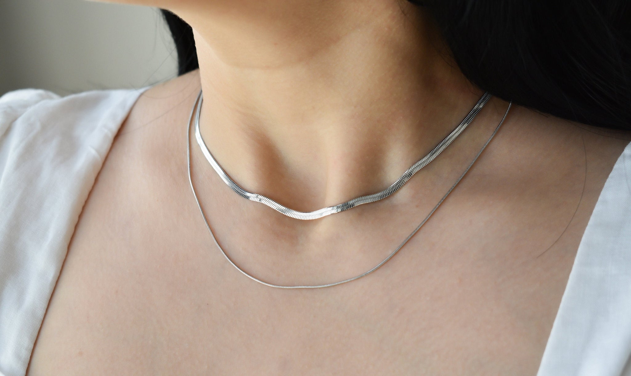 Silver Necklace Layered Set, Sterling Silver Herringbone Multi Layered Necklace, Silver Snake Chain Multi Strand Chain Necklace, WATERPROOF