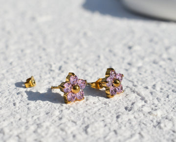 Daisy Flower Stud Earrings - Crystal Zircon Gold Star Stud Earrings, Purple Stone Stud Earrings, Flower Earrings, WATERPROOF Minimalist Gift