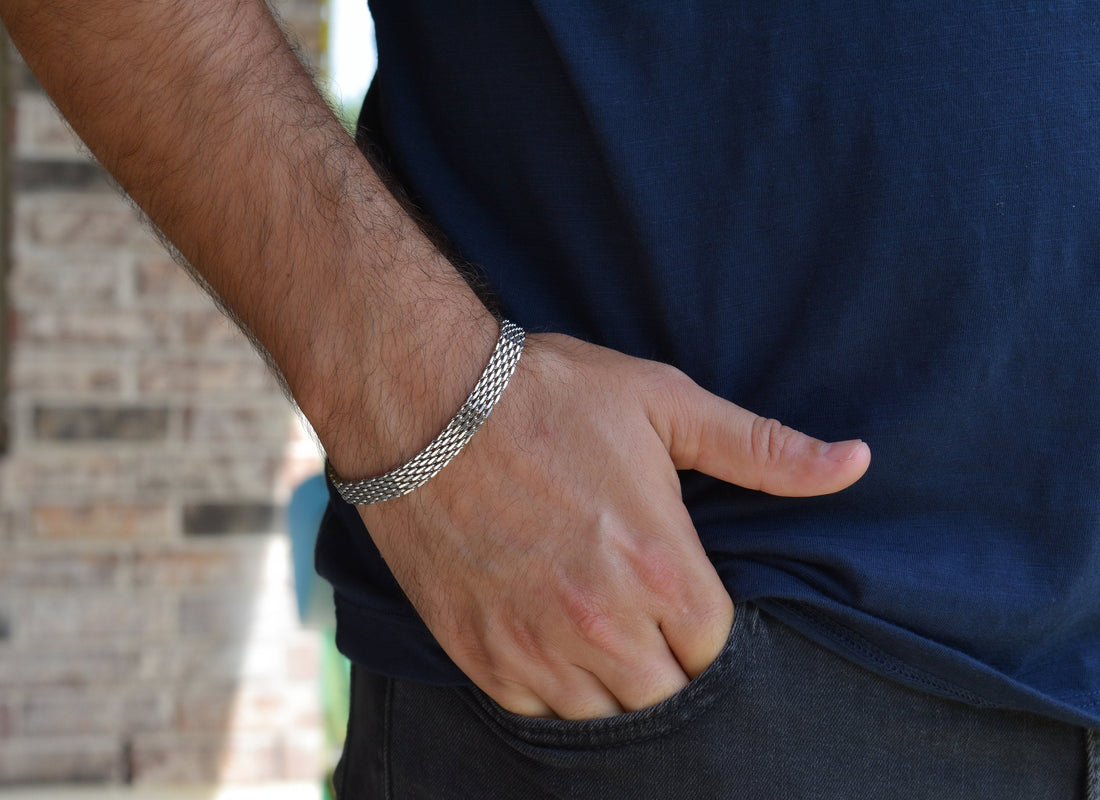 Sterling Silver Curb Link Bracelet - Silver Vintage Mens Bracelet WaterProof