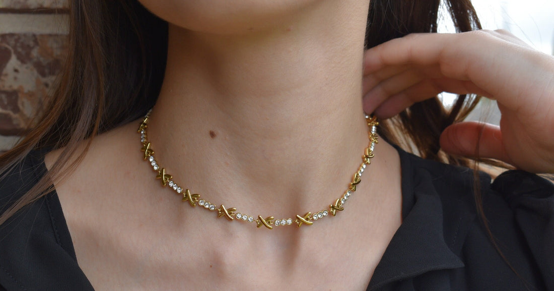 Gold Filled Link Chain Choker, Zircon Gems Choker,WATERPROOF Christmas Gift Handmade