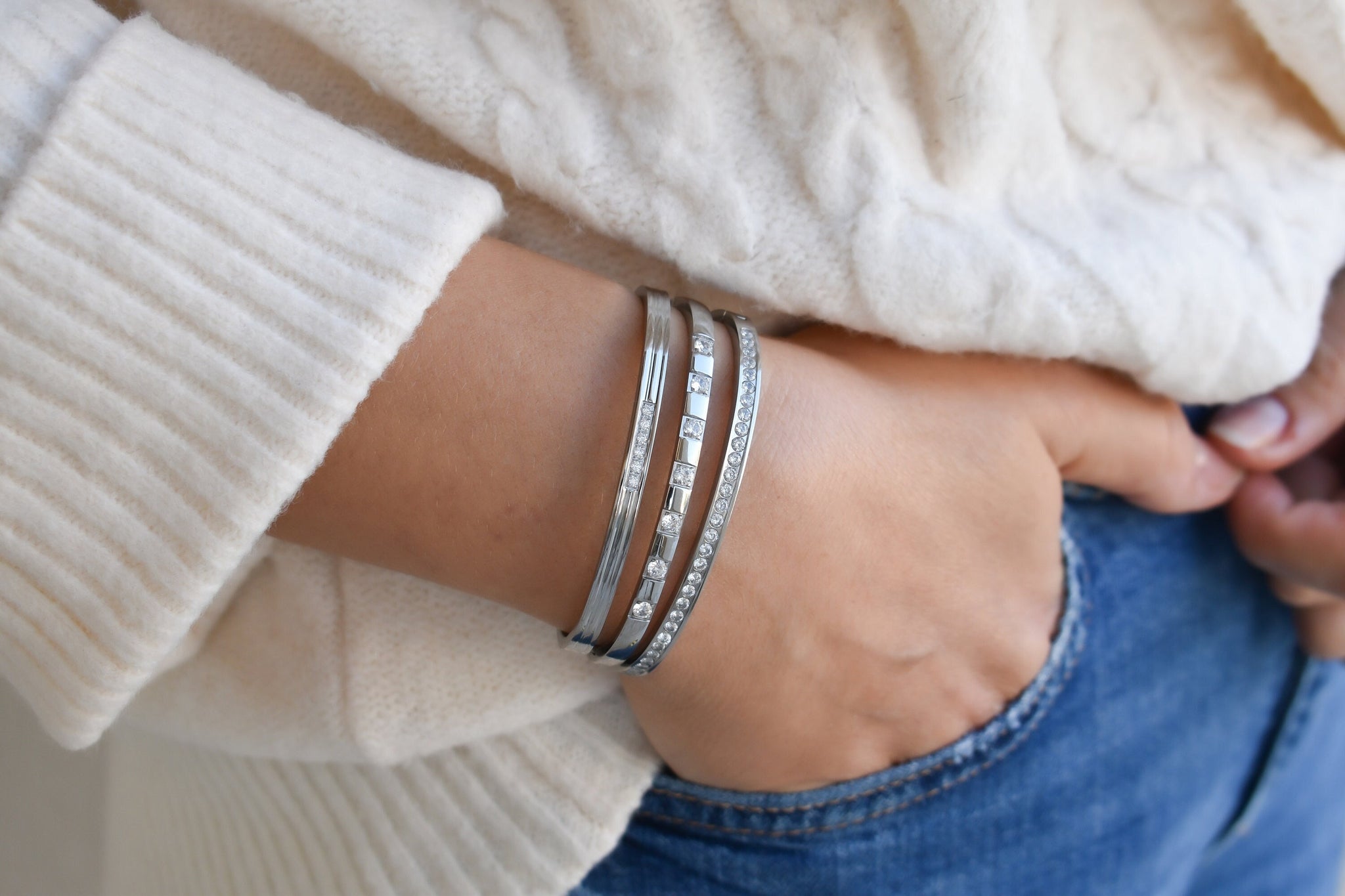 Silver Bangle Bracelet Shiny Crystal Zircon Diamond Bracelet