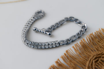 Silver Crystal Stone Figaro Chain Mix Bracelet Toggle Bracelet Shiny Daily Use Non Tarnish Silver Waterproof Braided Bracelet Women Her Gift